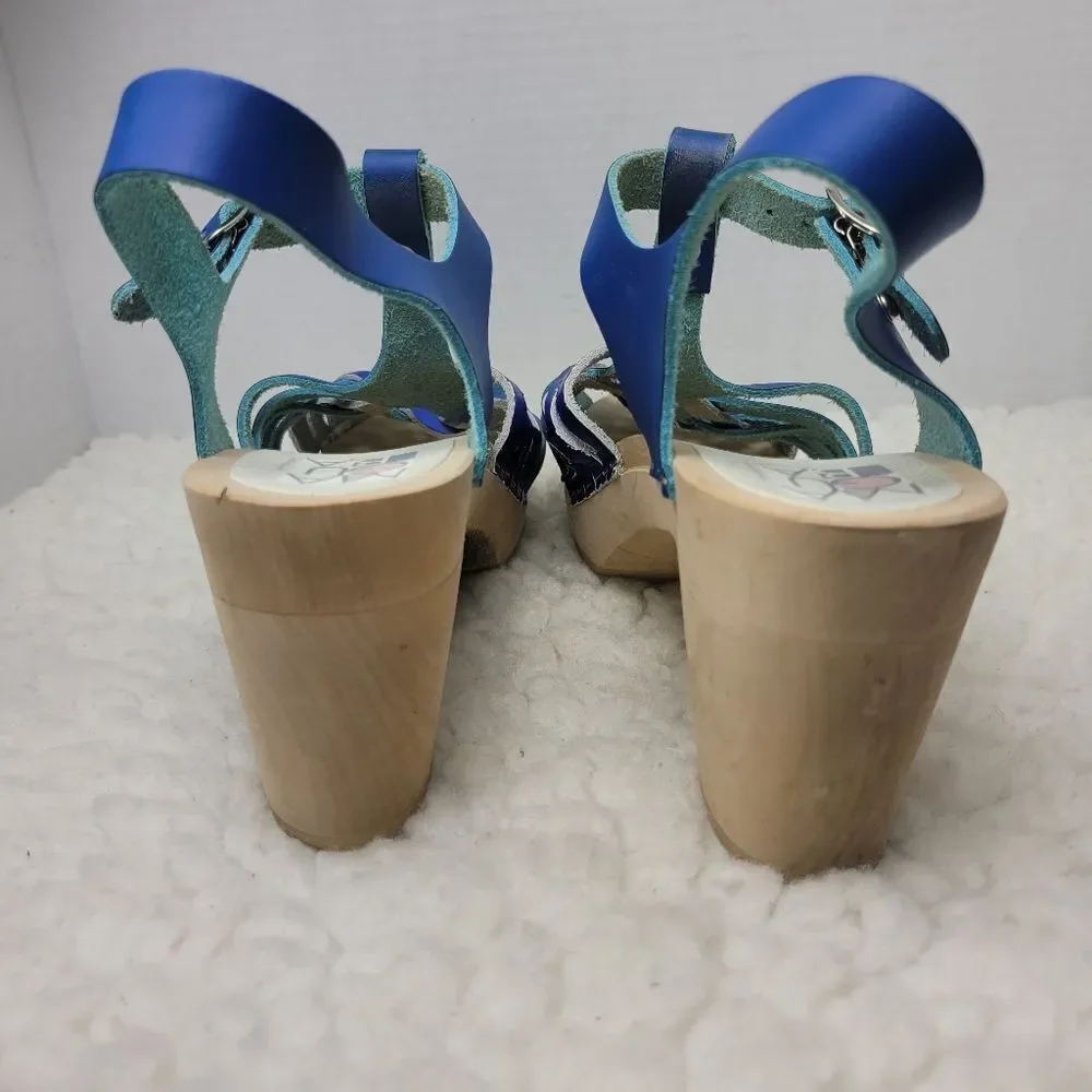 Maguba of Sweden Women's Wooden Heel  Shoes Size 11.5 Blue Strappy Leather